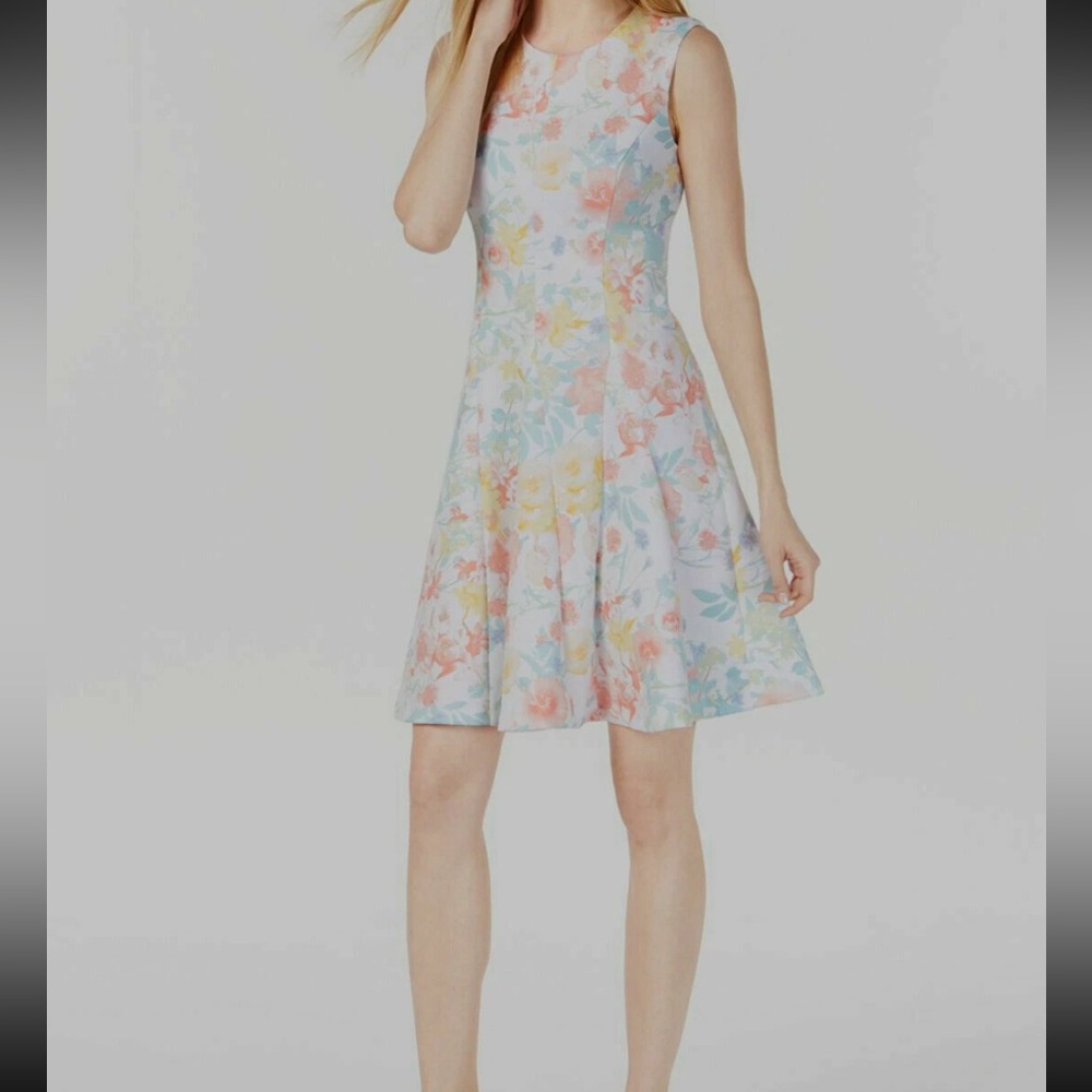 Calvin Klein Pastel Floral Scuba A-Line Dress Petite 10P Sleeveless - Picture 5 of 10